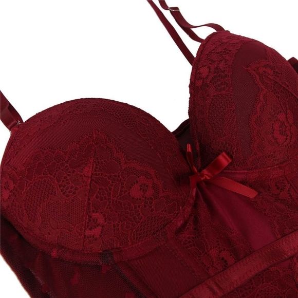 🏷🆕S-2XL; Women's Wine Red Corset with Garter and Matching G String Panties Set - Picture 11 of 14